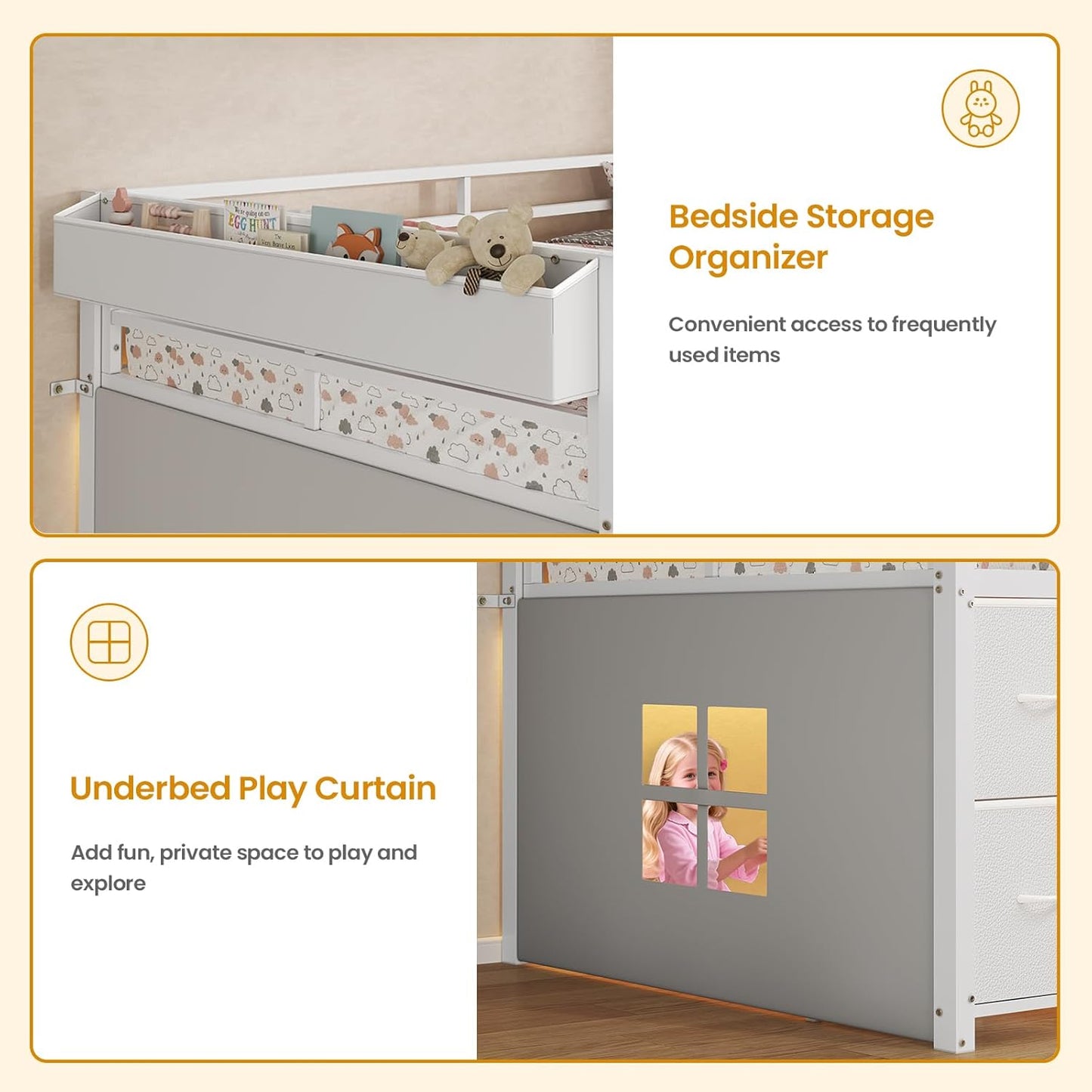 Low Loft Bed Twin Size with 7 Storage Drawers, Bookcase and LED Lights, Metal Kids Loft Bed with 14" H Safety Guardrail