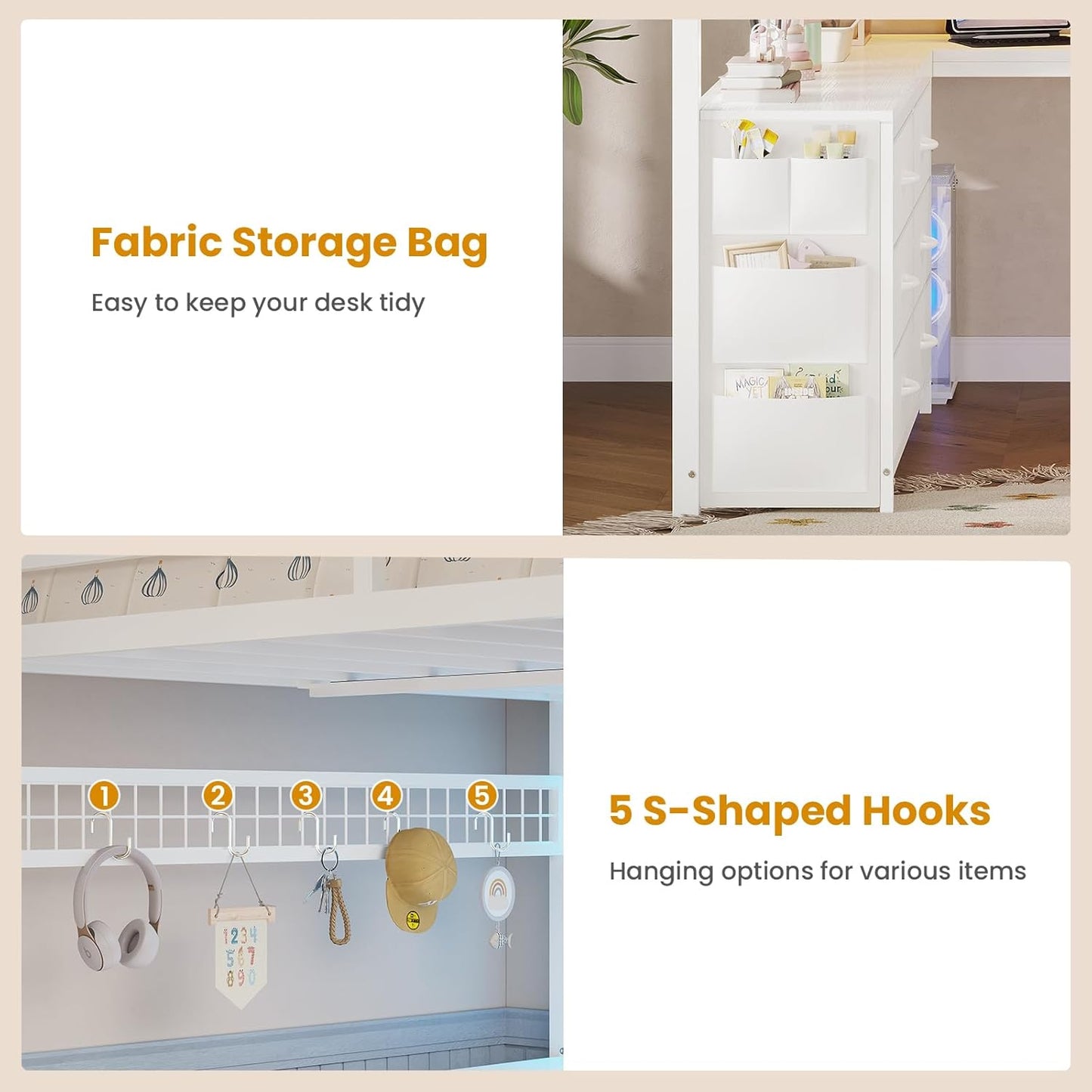 Loft Bed Full Size with U-Shaped Desk, 6 Storage Drawers, Power Outlet, LED Metal Loft Bed with 2 Storage Shelves