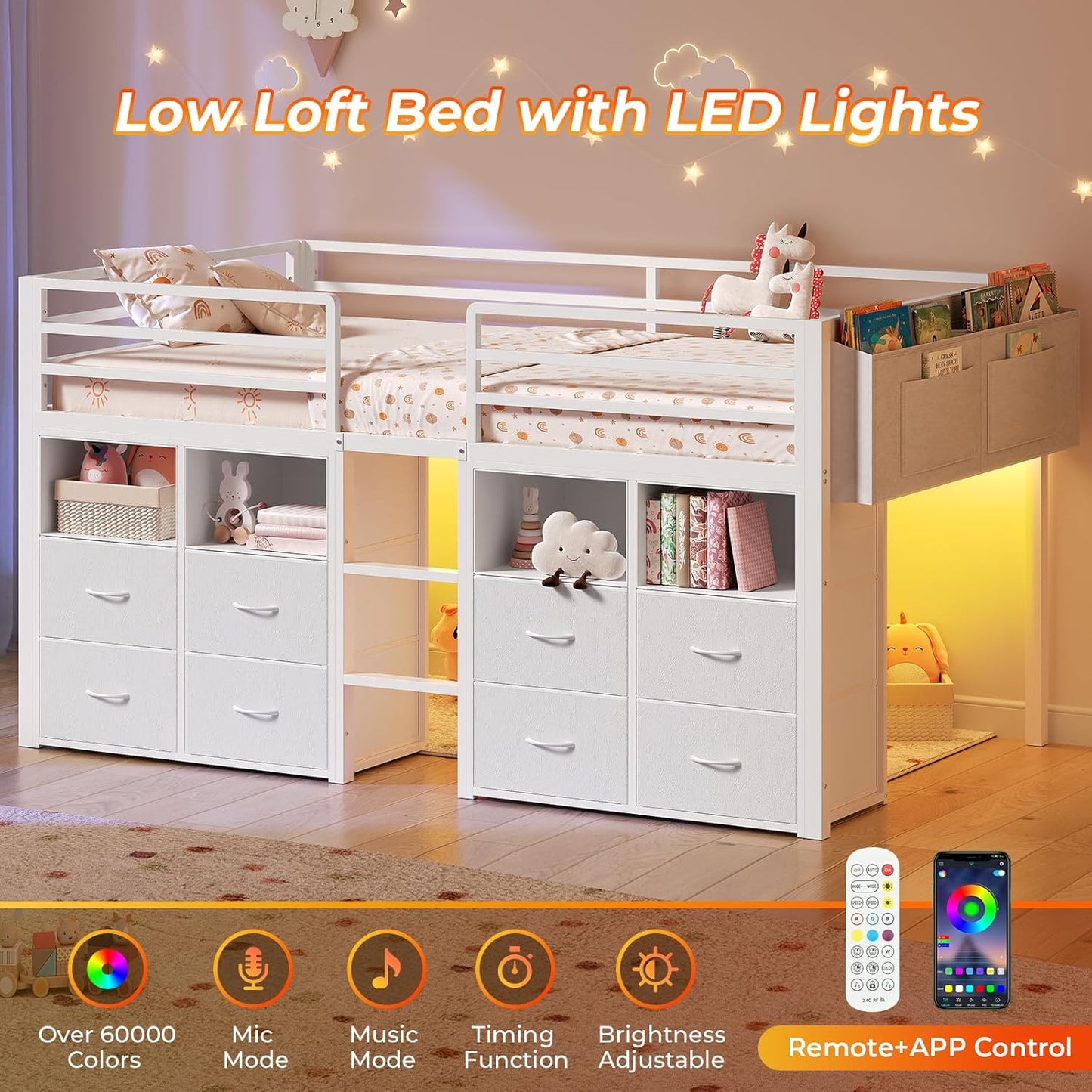 Low Loft Bed Twin Size with 8 Storage Drawers, Twin Loft Bed with Bookcase and LED Lights