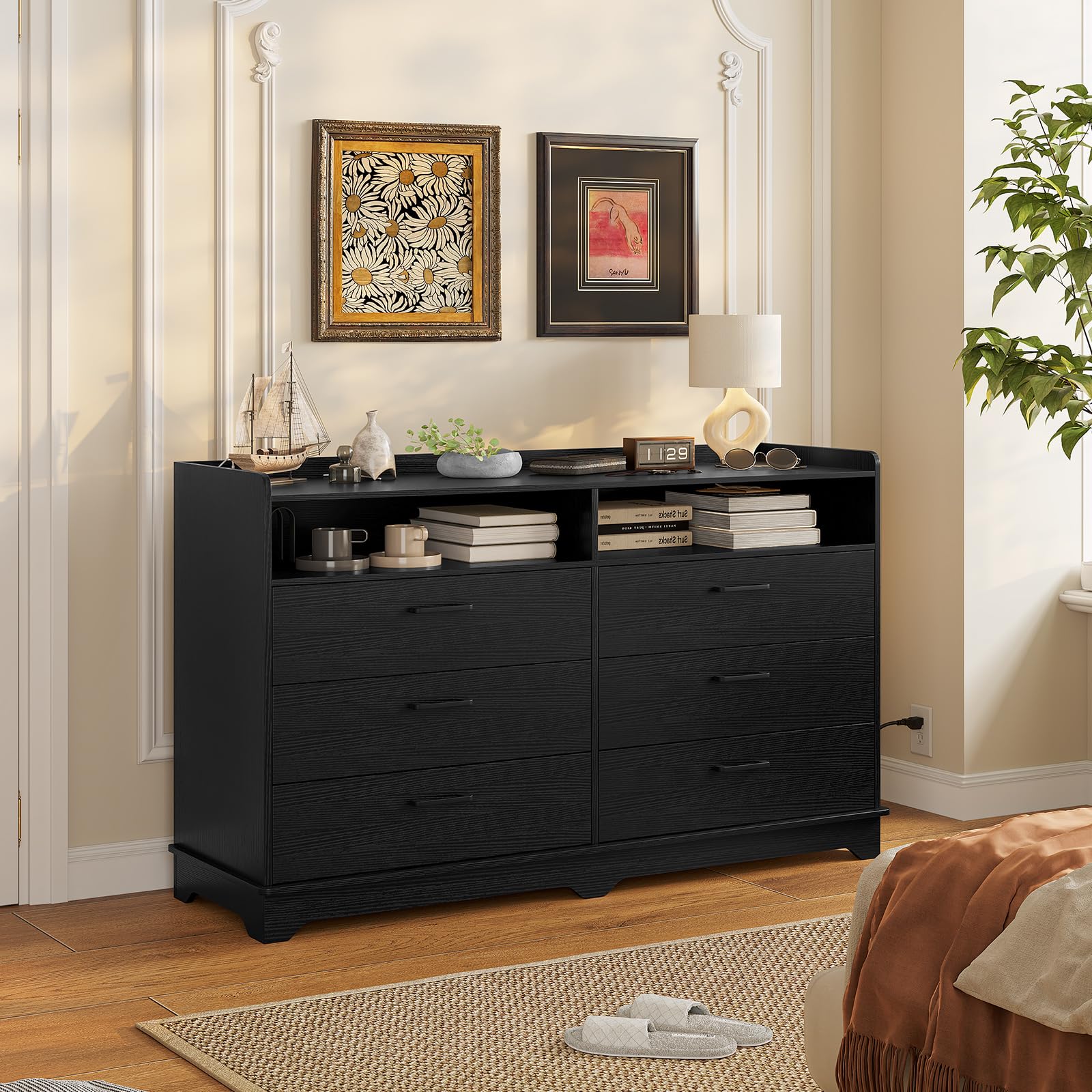 6 Drawers Dresser for Bedroom with Open Cubby, Black Afuhokles 6 Drawers Dresser for Bedroom with Open Cubby, Black Afuhokles