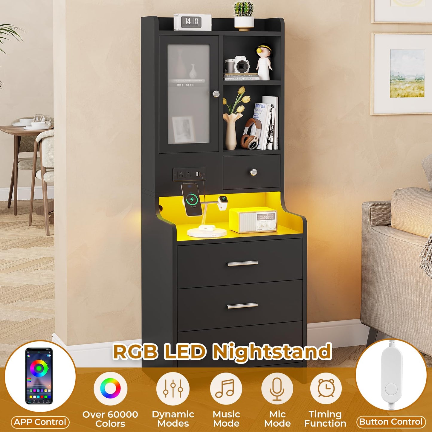 Tall Nightstand with Charging Station, Bedside Table with 4 Drawers, LED Night Stand with Bookshelf, Black