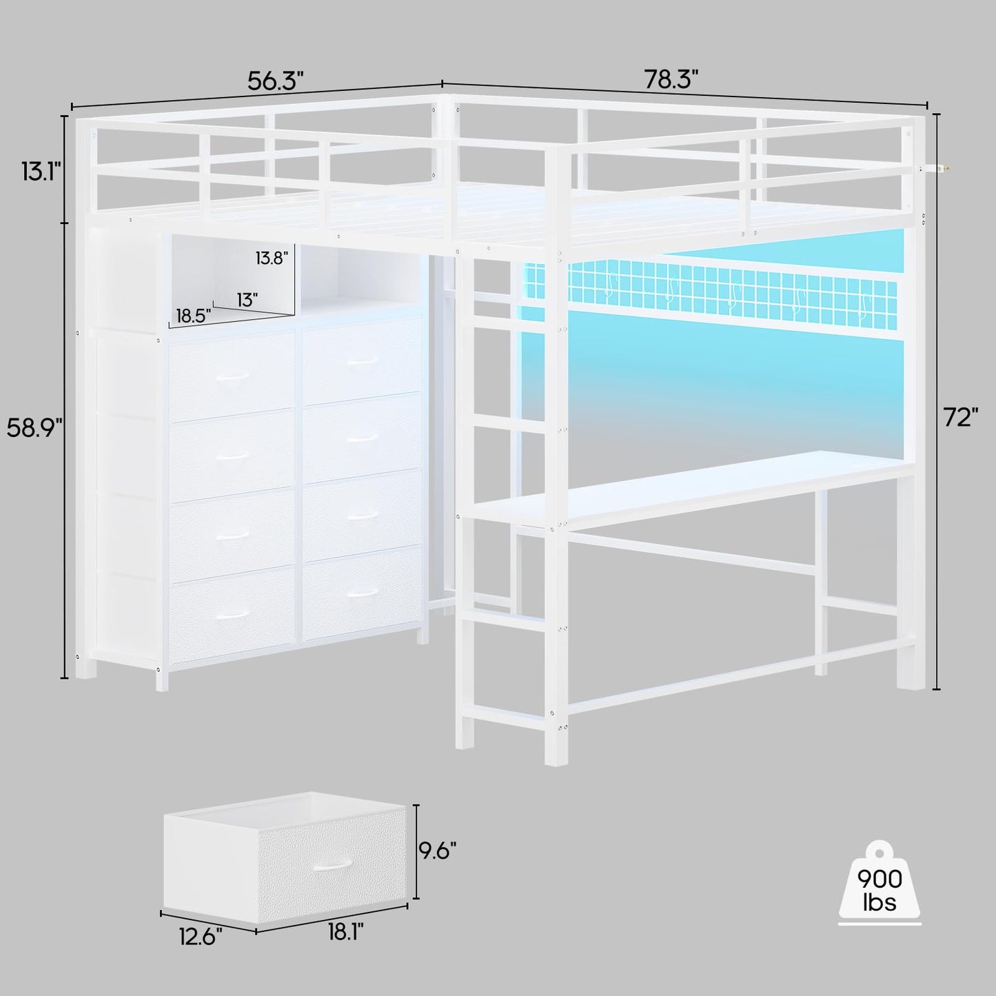 Twin/Full Size Loft Bed with Desk and 8 Storage Drawers and Charging Station, Metal Loft Bed Twin with LED Lights, Storage Shelves