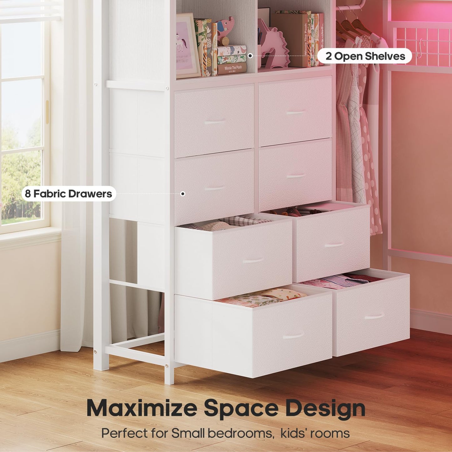 Twin/Full Size Loft Bed with Desk and 8 Storage Drawers and Charging Station, Metal Loft Bed Twin with LED Lights, Storage Shelves