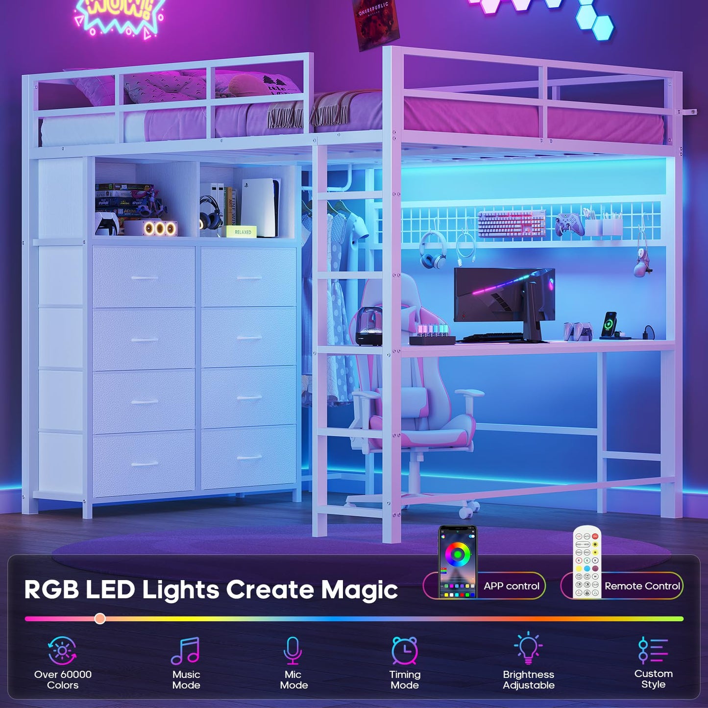 Twin/Full Size Loft Bed with Desk and 8 Storage Drawers and Charging Station, Metal Loft Bed Twin with LED Lights, Storage Shelves
