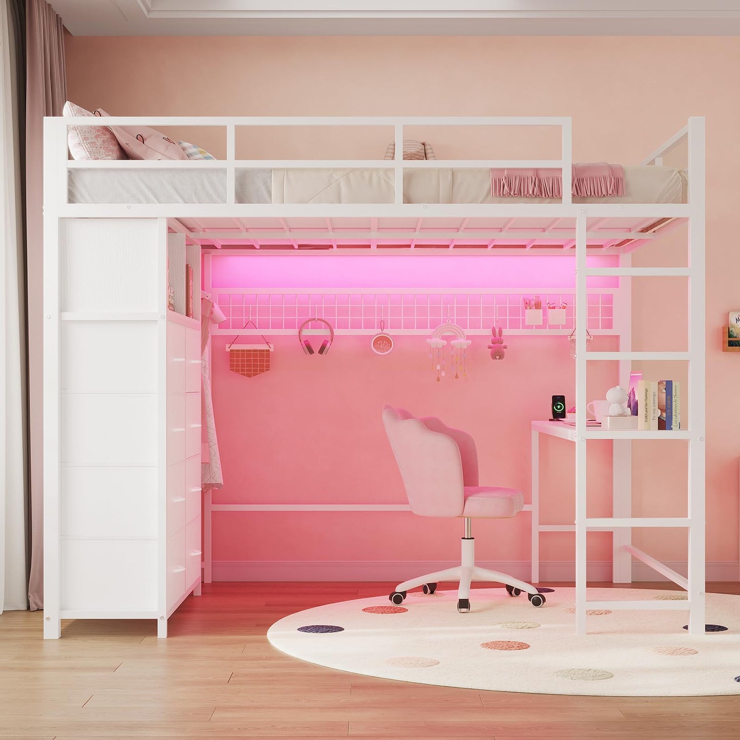 Twin/Full Size Loft Bed with Desk and 8 Storage Drawers and Charging Station, Metal Loft Bed Twin with LED Lights, Storage Shelves