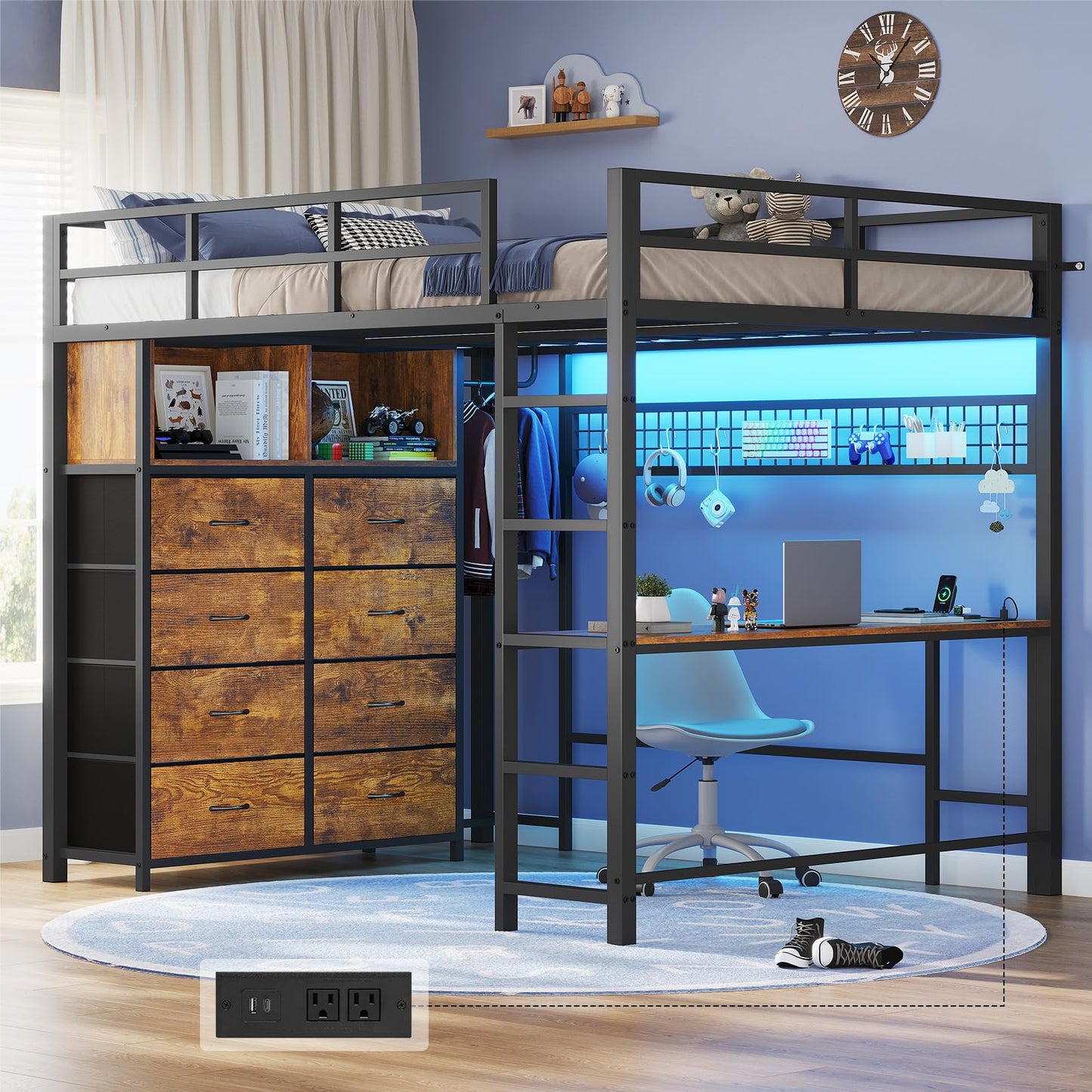 Twin/Full Size Loft Bed with Desk and 8 Storage Drawers and Charging Station, Metal Loft Bed Twin with LED Lights, Storage Shelves