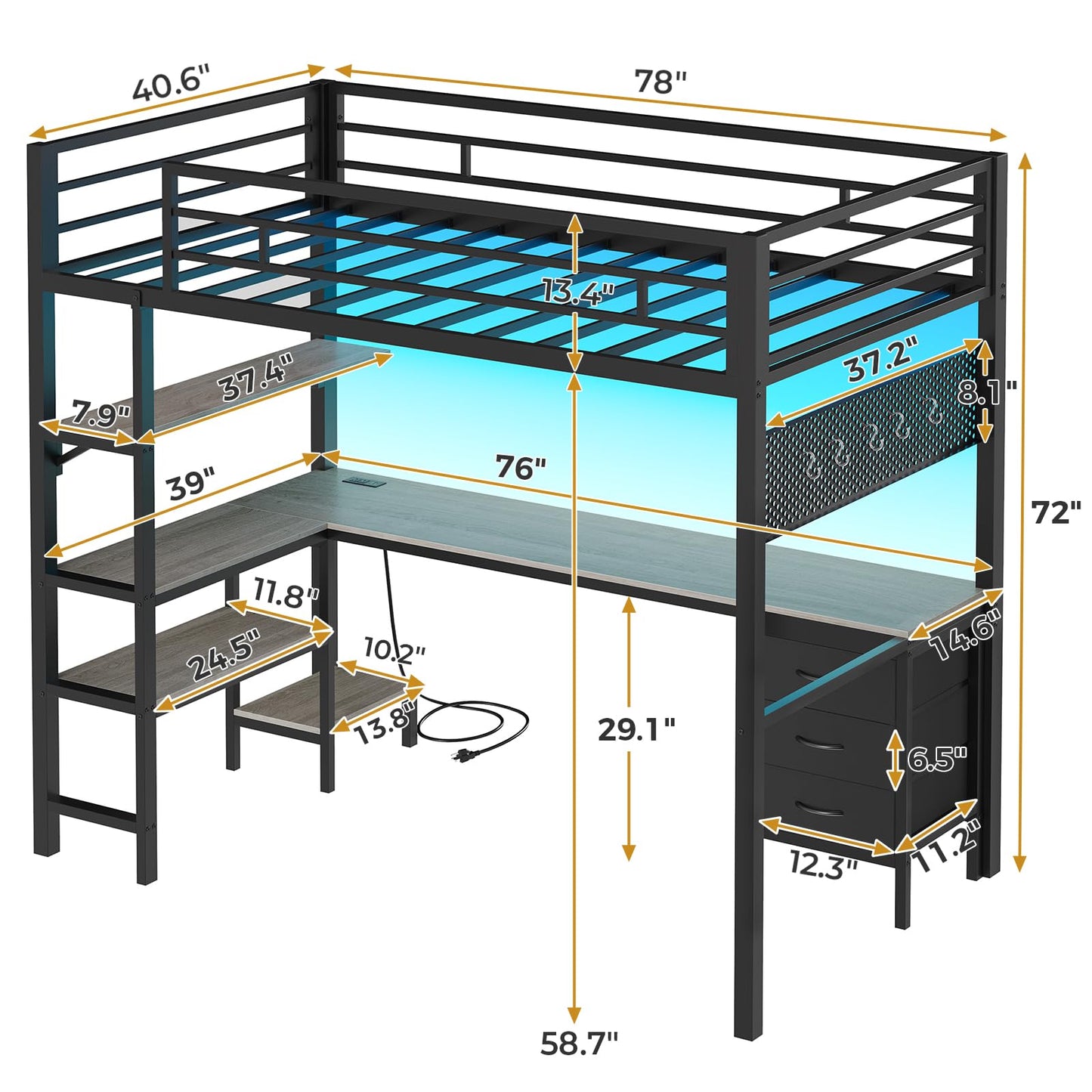 Loft Bed Twin Size with L-Shaped Desk and Charging Station, LED Light Twin Metal Loft Bed with Fabric Drawers and Shelves