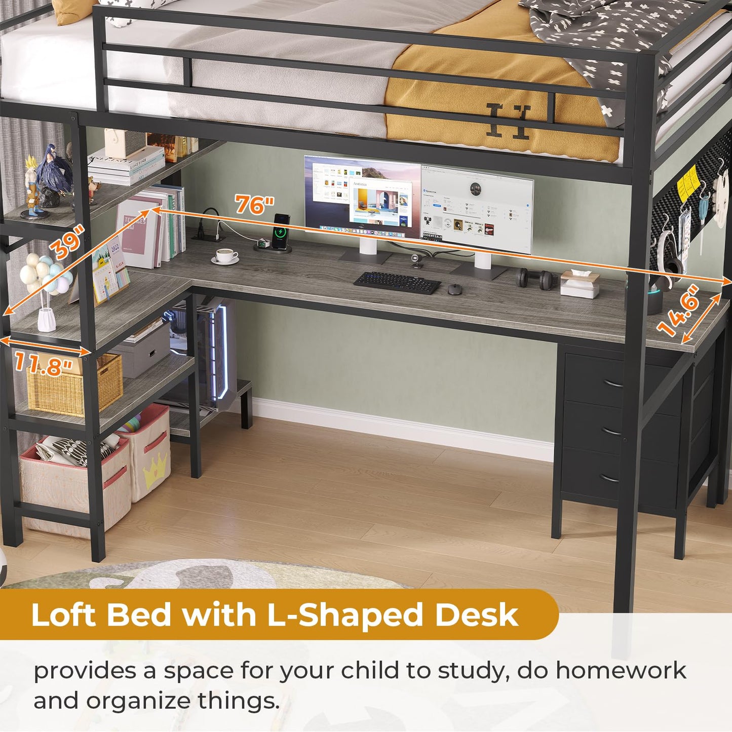 Loft Bed Twin Size with L-Shaped Desk and Charging Station, LED Light Twin Metal Loft Bed with Fabric Drawers and Shelves