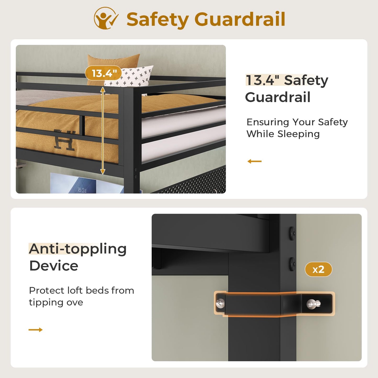 Loft Bed Twin Size with L-Shaped Desk and Charging Station, LED Light Twin Metal Loft Bed with Fabric Drawers and Shelves