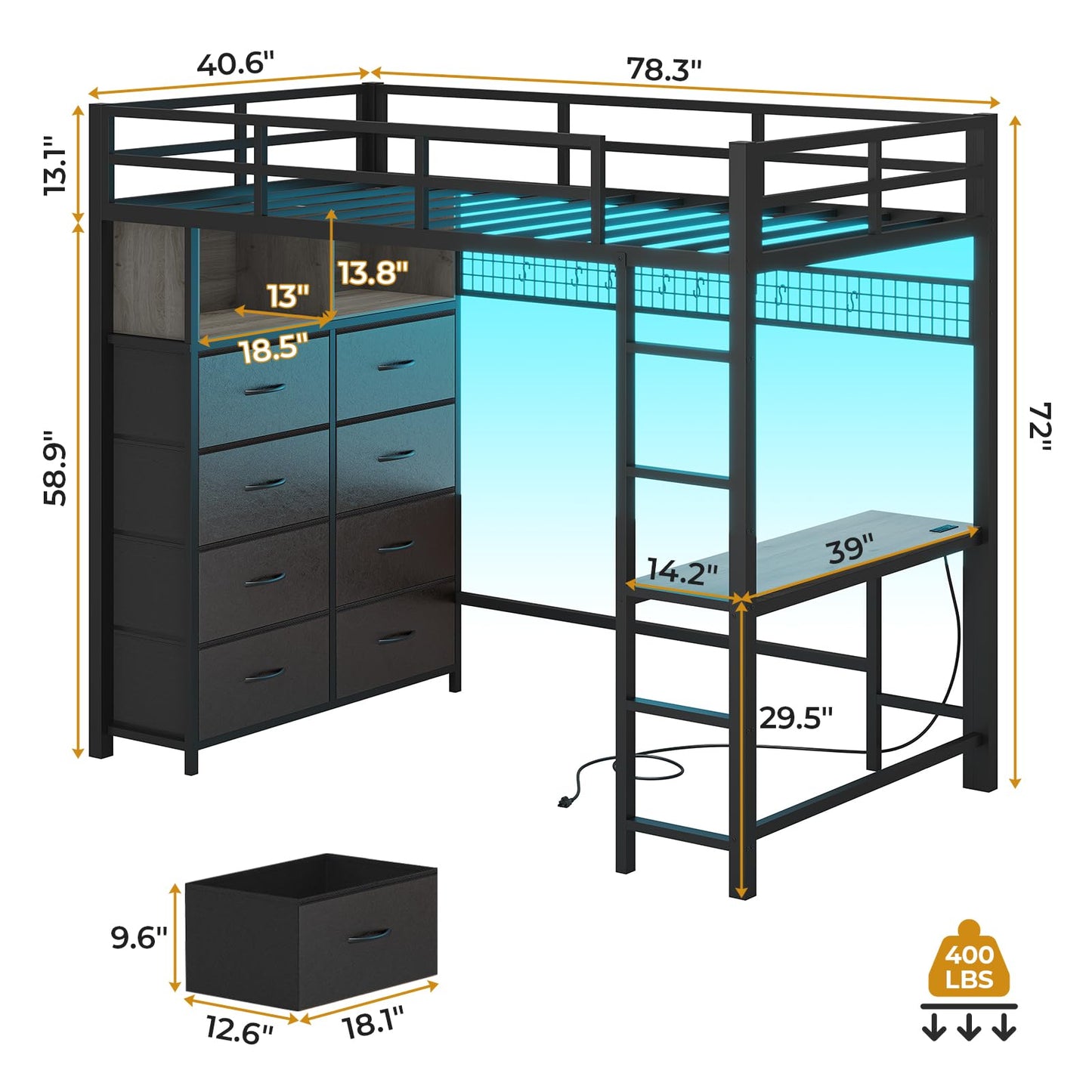Twin/Full Size Loft Bed with Desk and 8 Storage Drawers and Charging Station, Metal Loft Bed Twin with LED Lights, Storage Shelves