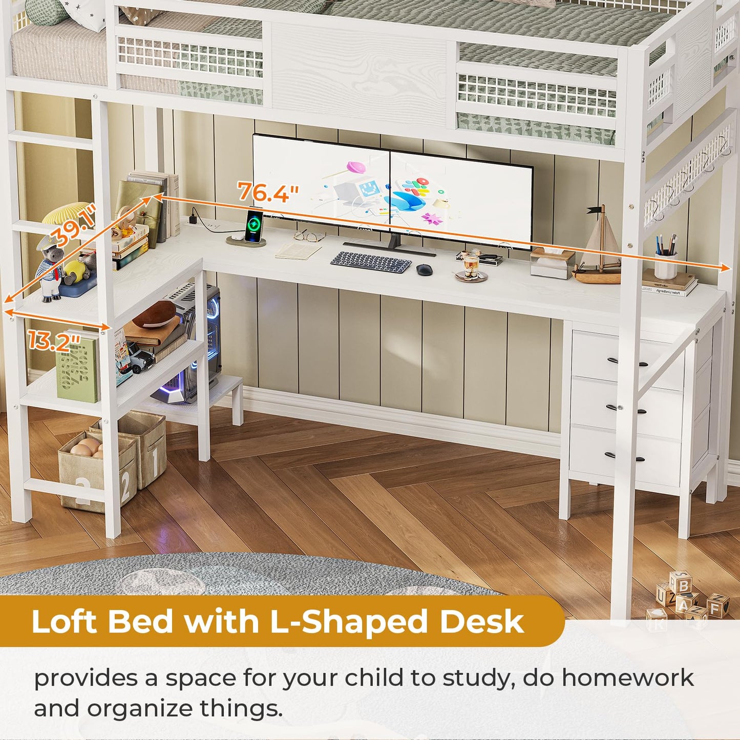 Loft Twin Size Bed with Desk, LED Lights and Charging Station, Metal Loft Bed Frame with Fabric Drawers and Shelves, White