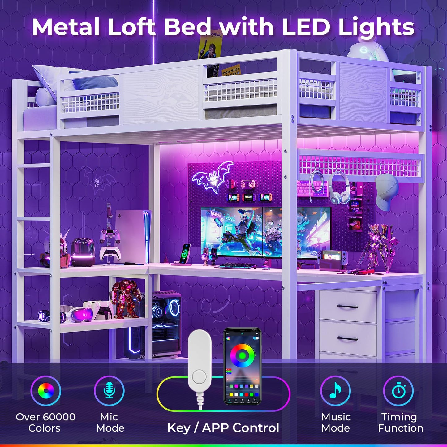 Loft Twin Size Bed with Desk, LED Lights and Charging Station, Metal Loft Bed Frame with Fabric Drawers and Shelves, White