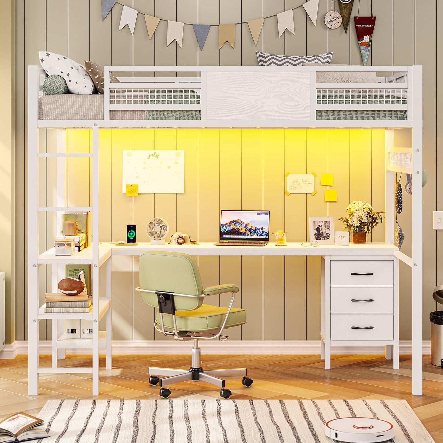 Loft Twin Size Bed with Desk, LED Lights and Charging Station, Metal Loft Bed Frame with Fabric Drawers and Shelves, White