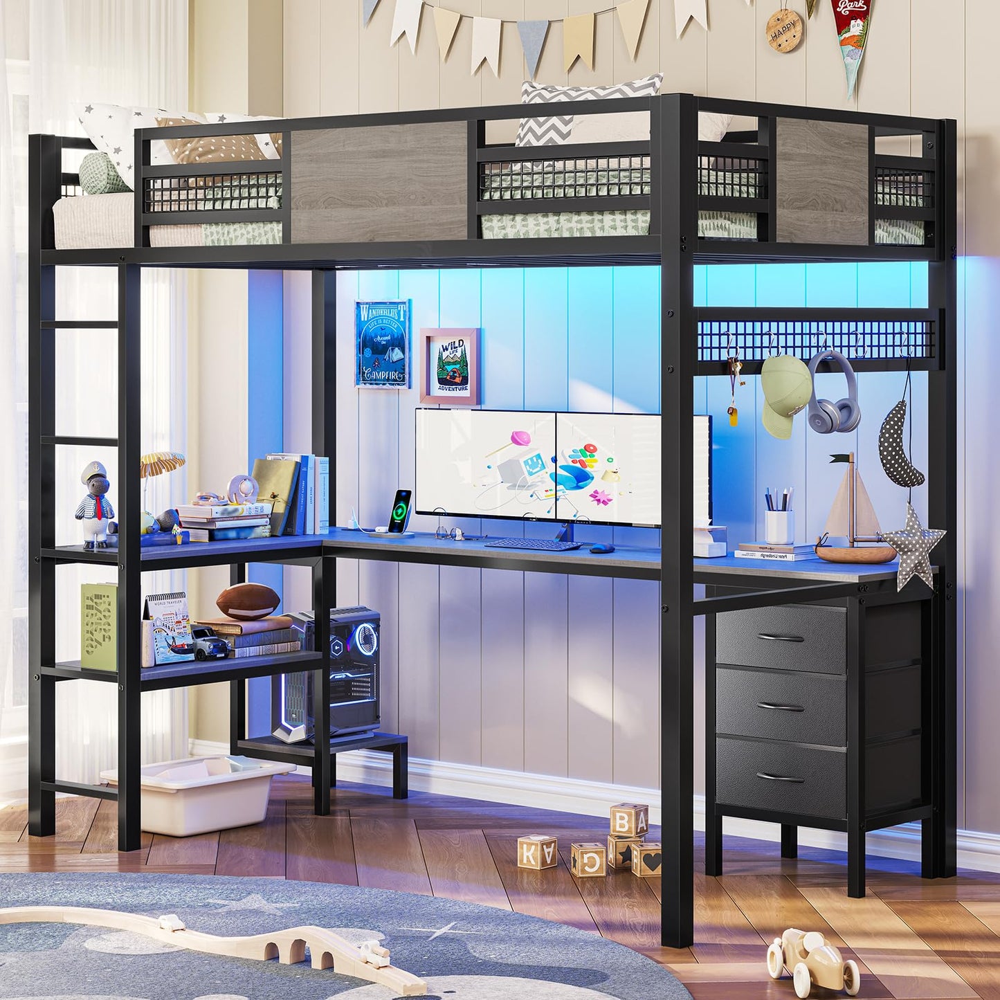 Loft Twin Size Bed with Desk, LED Lights and Charging Station, Metal Loft Bed Frame with Fabric Drawers and Shelves, White