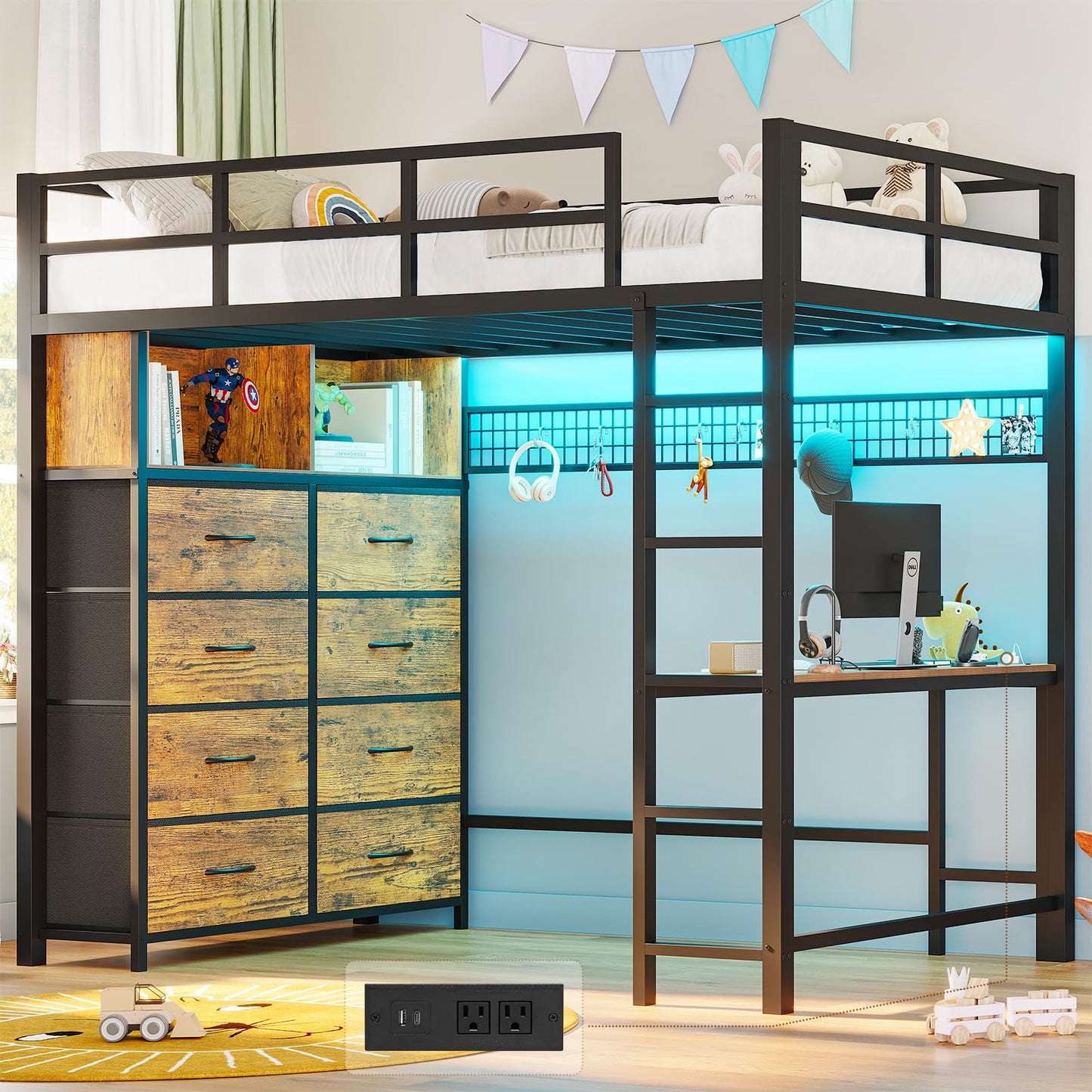 Twin/Full Size Loft Bed with Desk and 8 Storage Drawers and Charging Station, Metal Loft Bed Twin with LED Lights, Storage Shelves