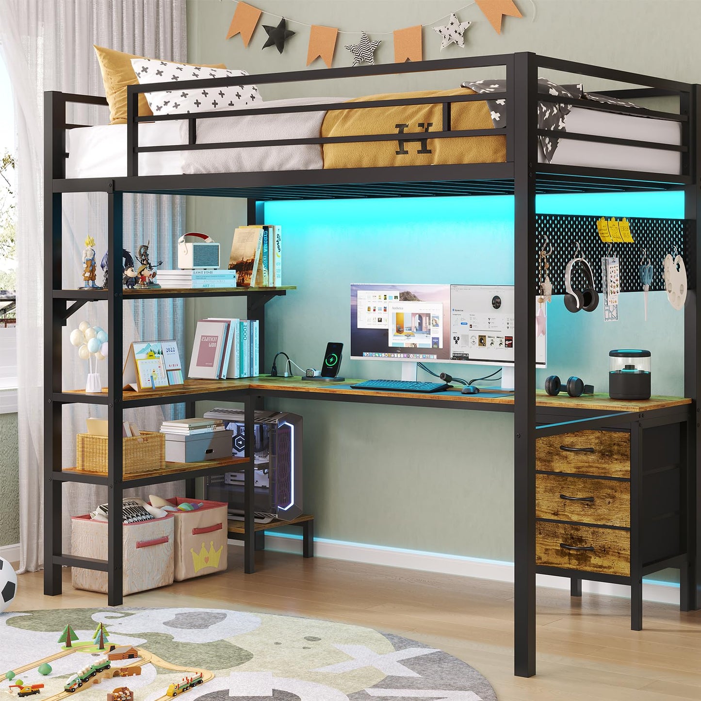 Loft Bed Twin Size with L-Shaped Desk and Charging Station, LED Light Twin Metal Loft Bed with Fabric Drawers and Shelves