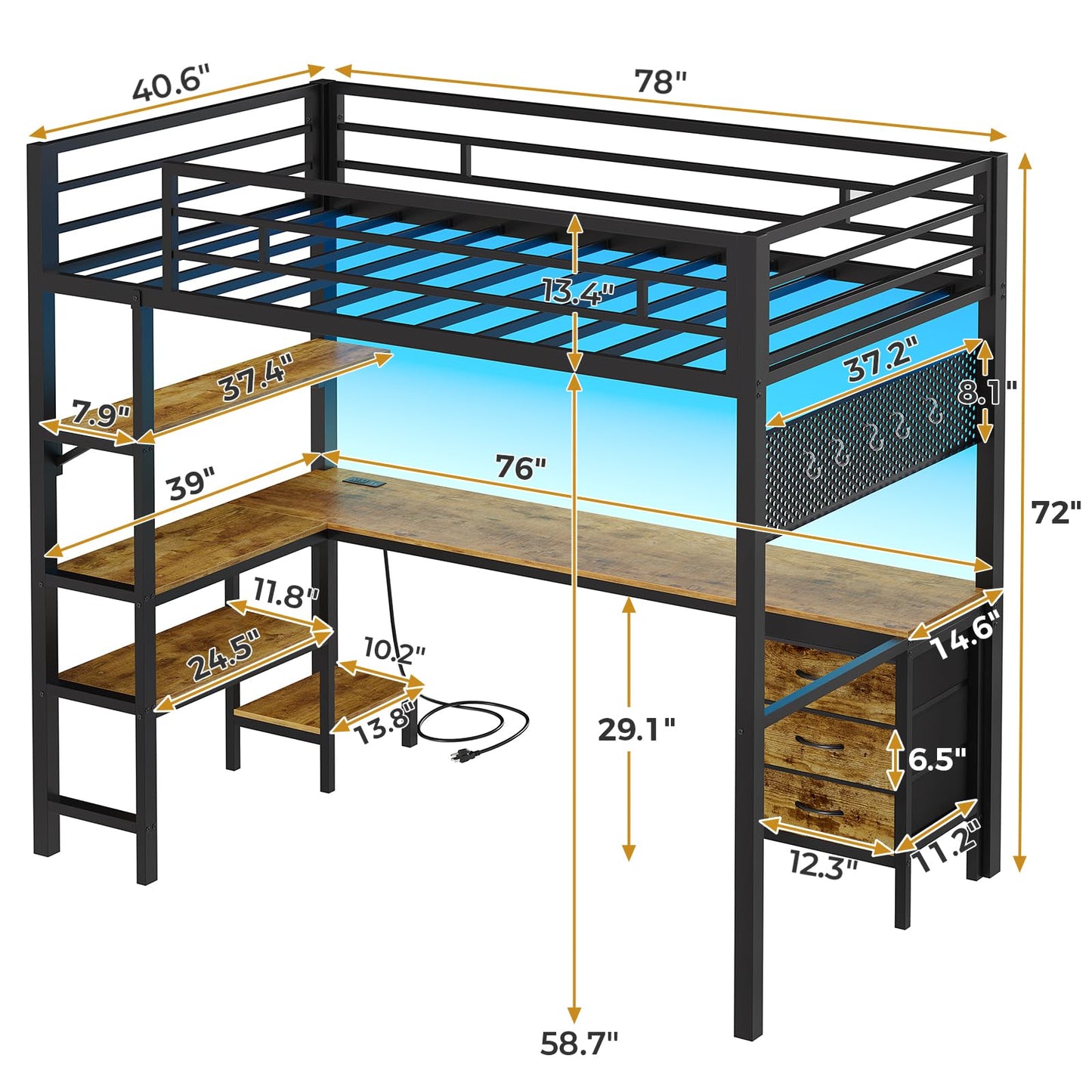 Loft Bed Twin Size with L-Shaped Desk and Charging Station, LED Light Twin Metal Loft Bed with Fabric Drawers and Shelves