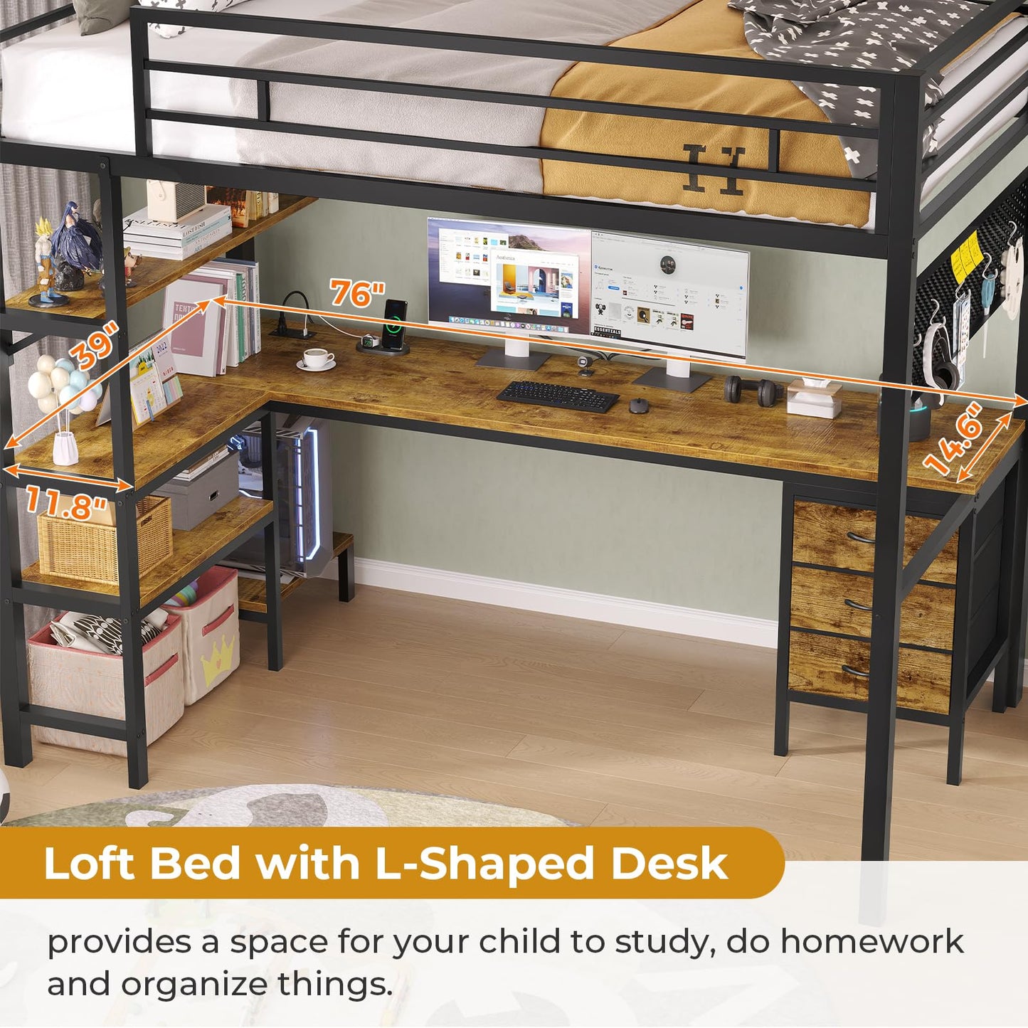 Loft Bed Twin Size with L-Shaped Desk and Charging Station, LED Light Twin Metal Loft Bed with Fabric Drawers and Shelves