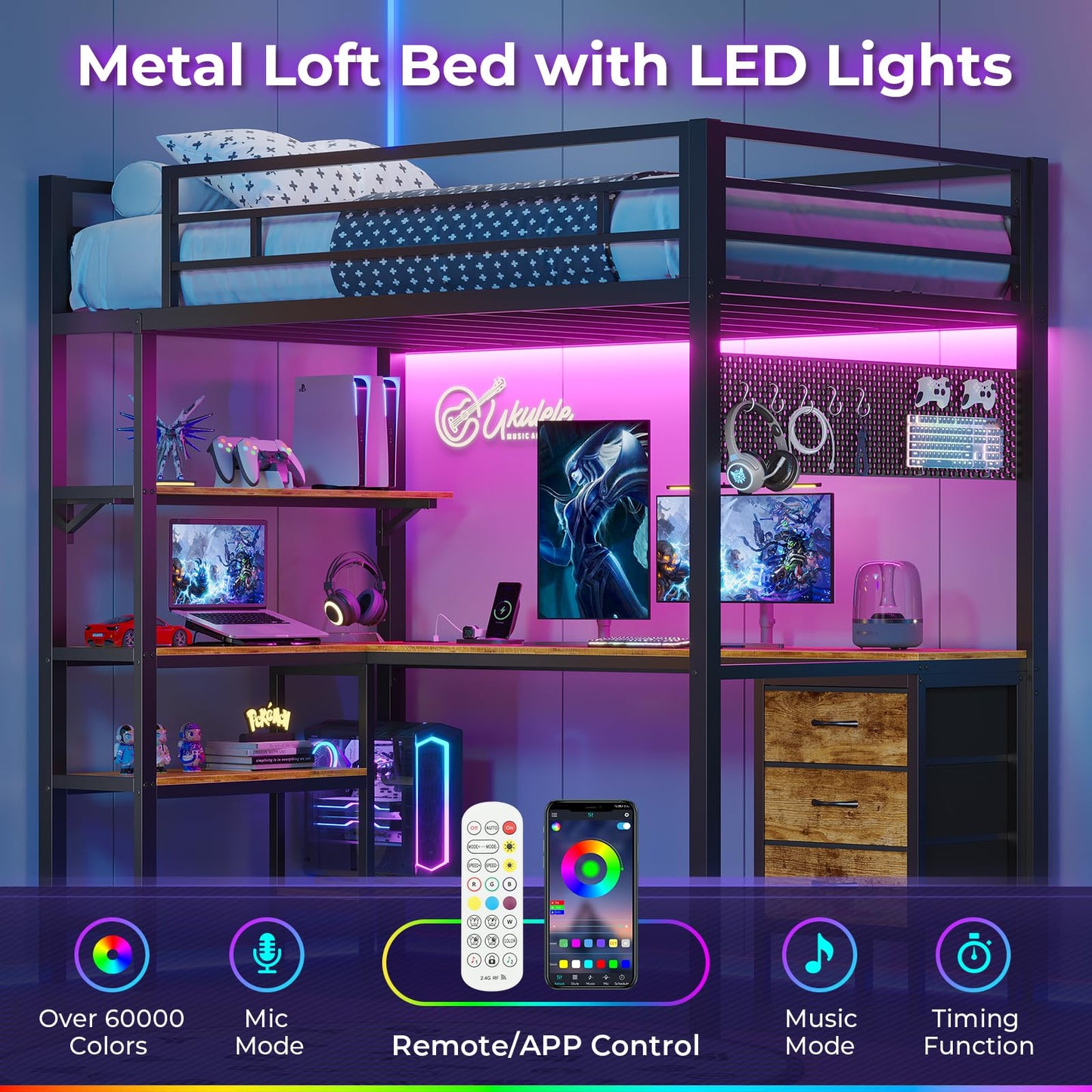 Loft Bed Twin Size with L-Shaped Desk and Charging Station, LED Light Twin Metal Loft Bed with Fabric Drawers and Shelves