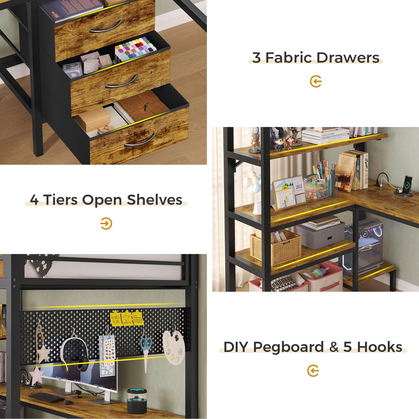 Loft Bed Twin Size with L-Shaped Desk and Charging Station, LED Light Twin Metal Loft Bed with Fabric Drawers and Shelves