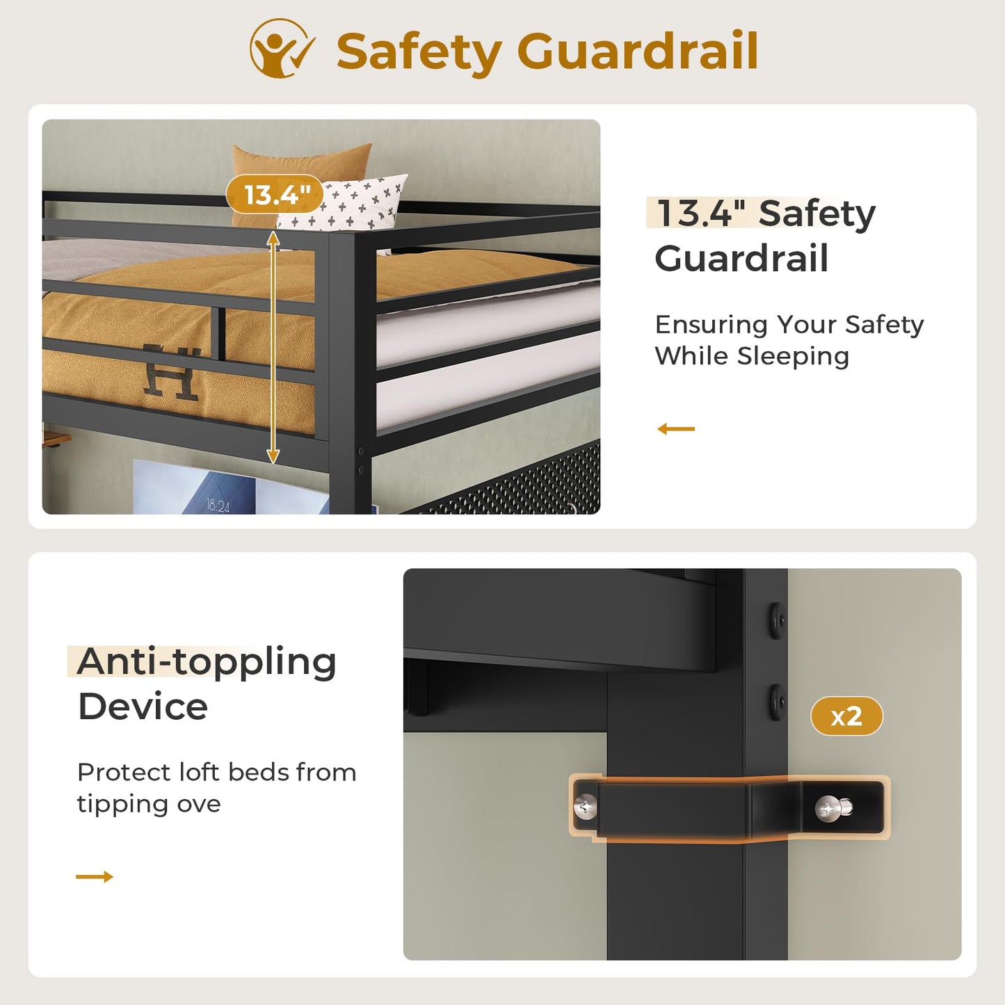 Loft Bed Twin Size with L-Shaped Desk and Charging Station, LED Light Twin Metal Loft Bed with Fabric Drawers and Shelves