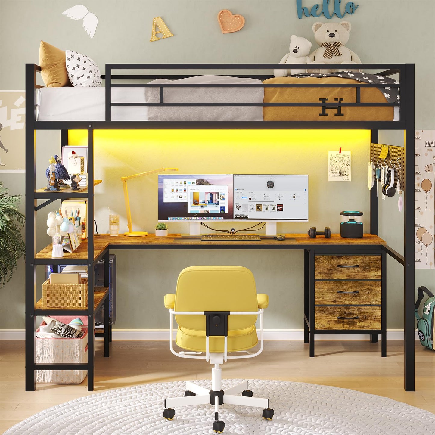 Loft Bed Twin Size with L-Shaped Desk and Charging Station, LED Light Twin Metal Loft Bed with Fabric Drawers and Shelves