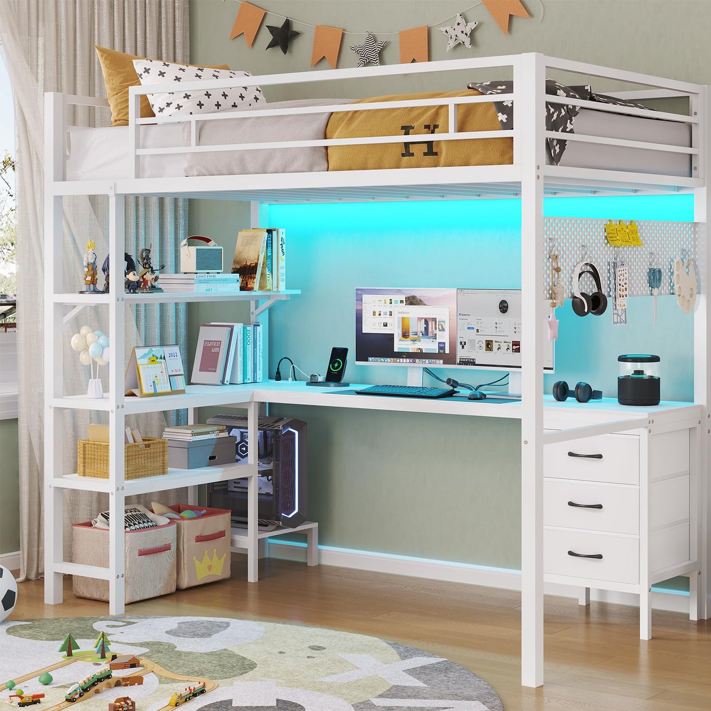 Loft Bed Twin Size with L-Shaped Desk and Charging Station, LED Light Twin Metal Loft Bed with Fabric Drawers and Shelves