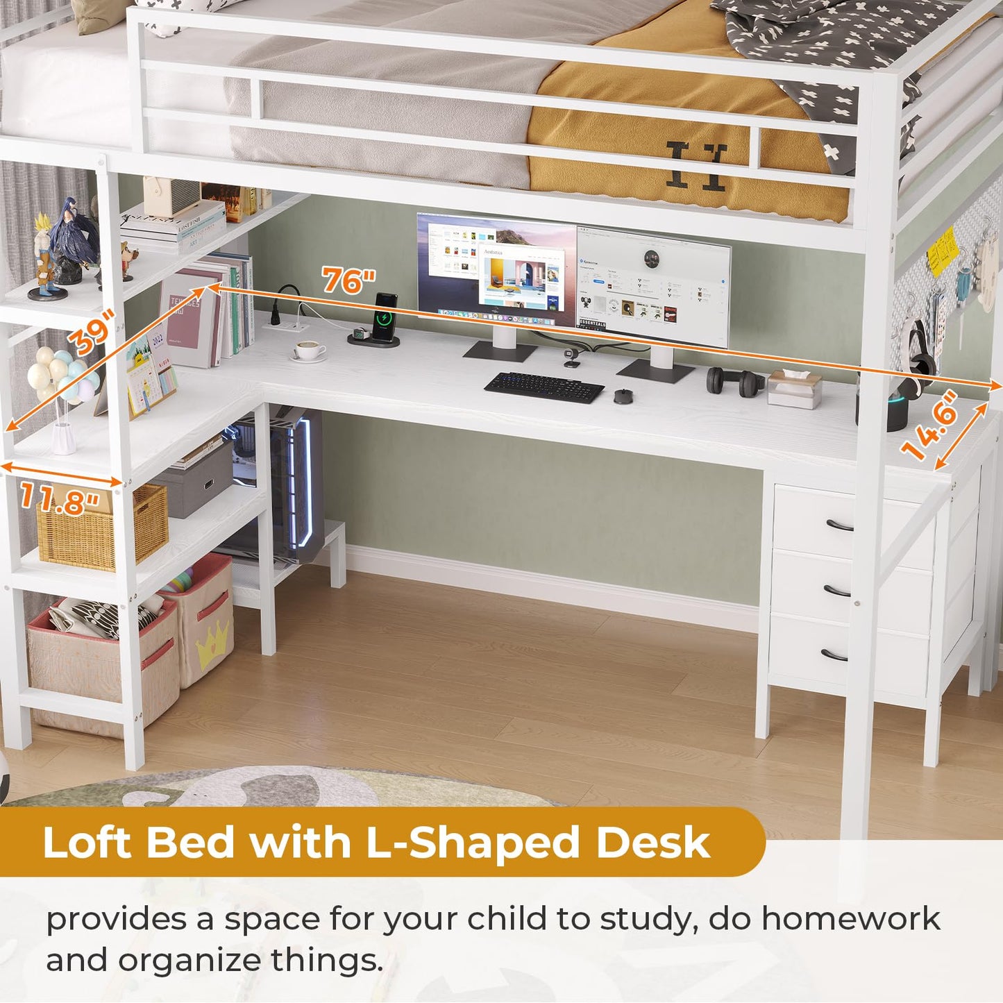 Loft Bed Twin Size with L-Shaped Desk and Charging Station, LED Light Twin Metal Loft Bed with Fabric Drawers and Shelves