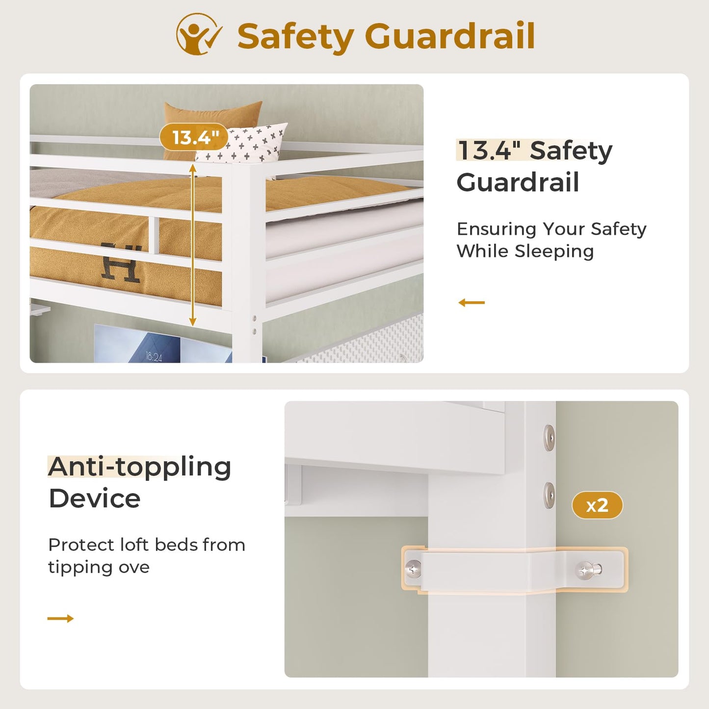Loft Bed Twin Size with L-Shaped Desk and Charging Station, LED Light Twin Metal Loft Bed with Fabric Drawers and Shelves