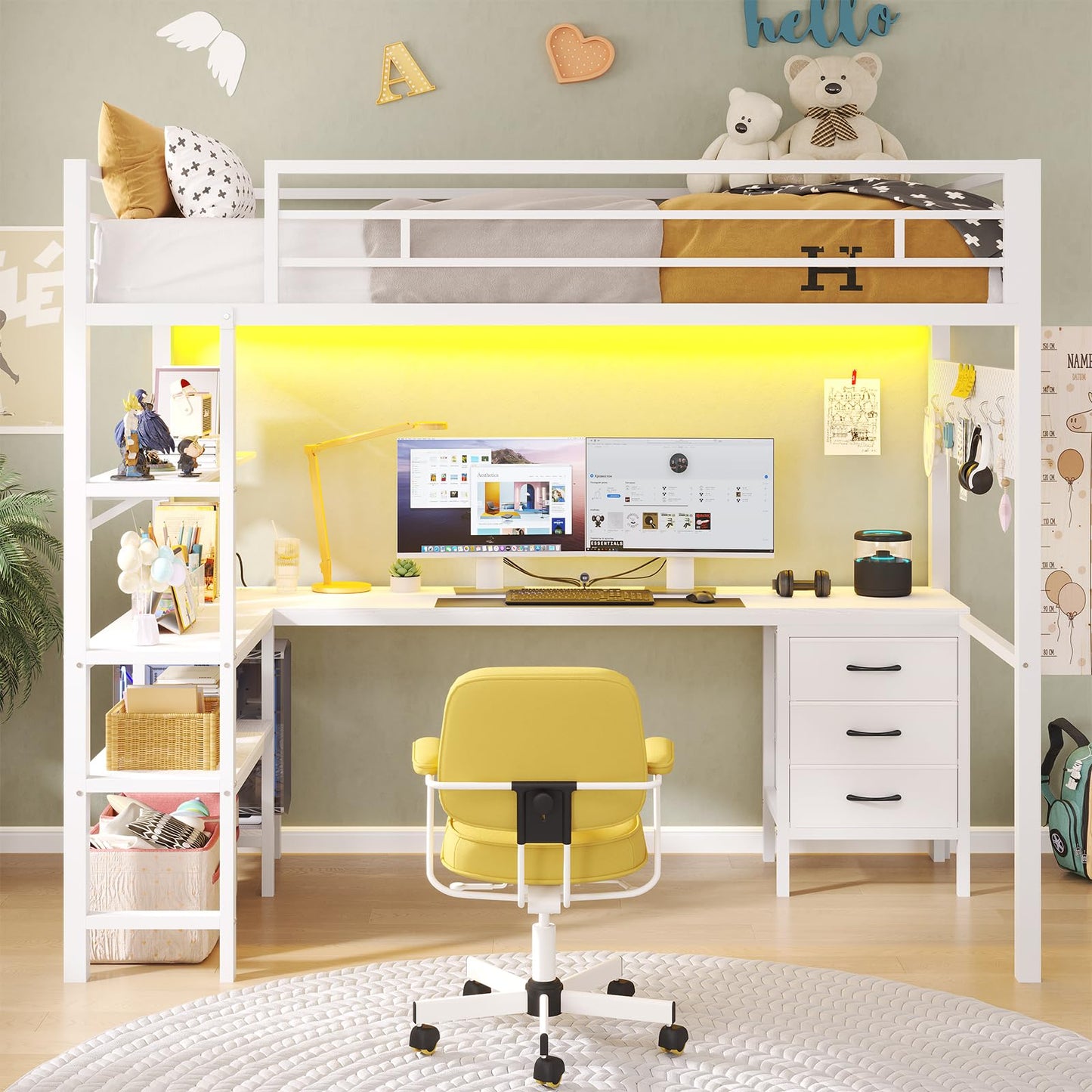 Loft Bed Twin Size with L-Shaped Desk and Charging Station, LED Light Twin Metal Loft Bed with Fabric Drawers and Shelves