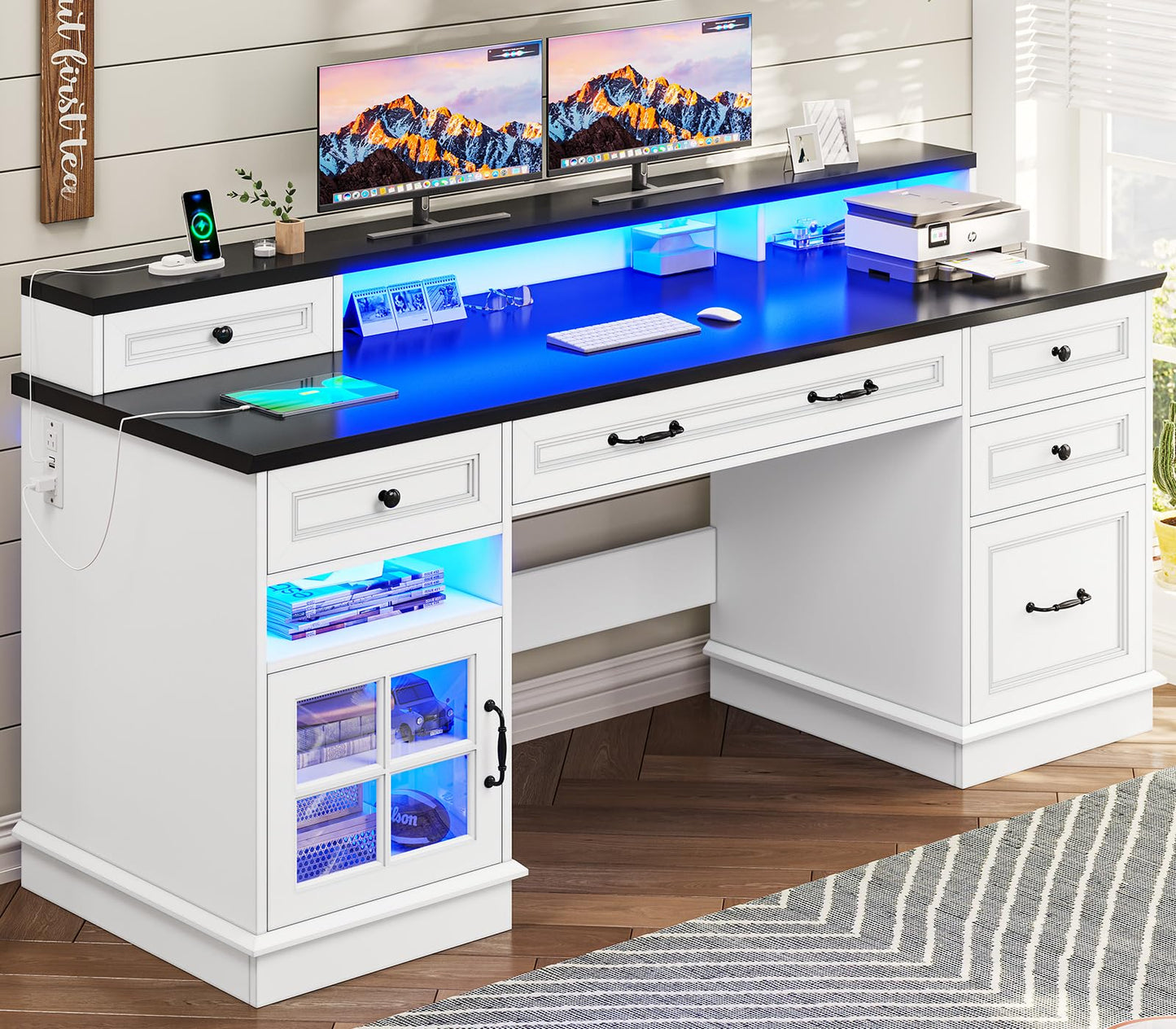 59" Computer Desk with 5 Drawers and Charging Station, Farmhouse Office Desk for Home Office