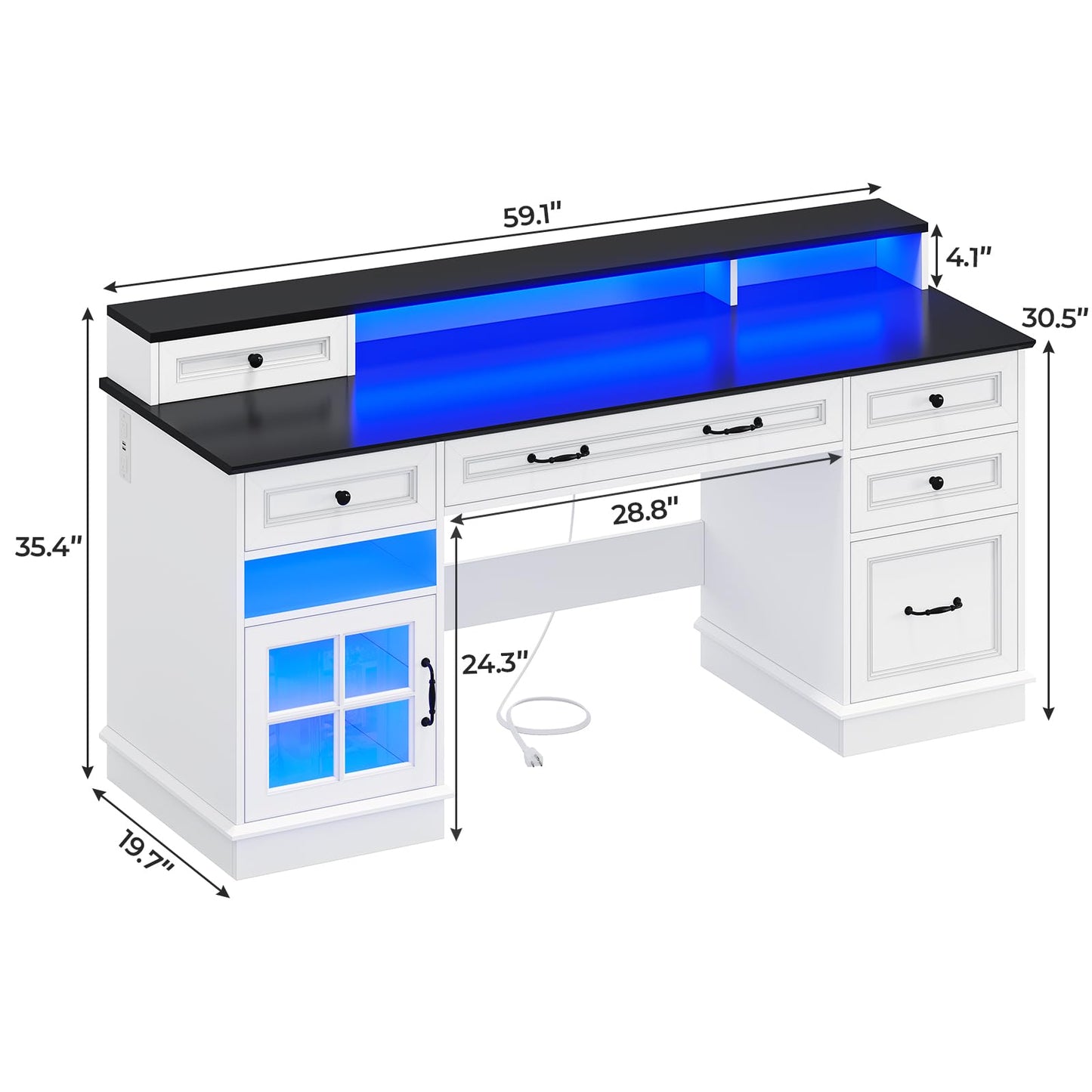 59" Computer Desk with 5 Drawers and Charging Station, Farmhouse Office Desk for Home Office