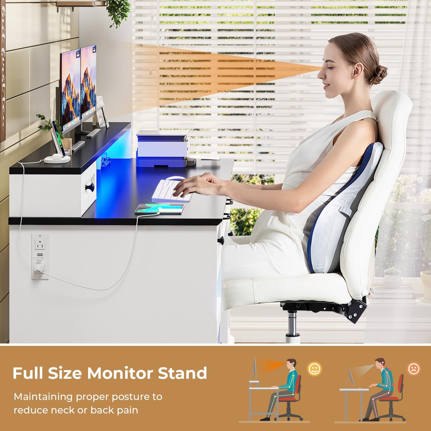 59" Computer Desk with 5 Drawers and Charging Station, Farmhouse Office Desk for Home Office
