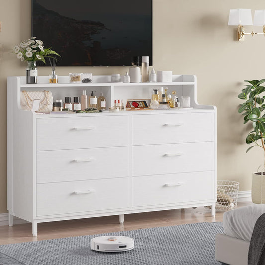 6 Drawers Double Dresser with Shelves for Bedroom, White