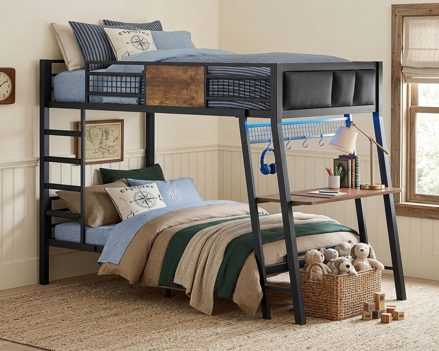 Bunk Bed for Small Space, Twin Over Twin Bunk Beds with Desk, Power Outlets, RGB LED Lights, Storage, Metal Beds with Safety Guardrail & Ladders