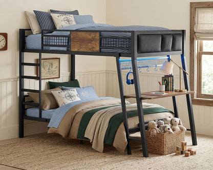 Bunk Bed for Small Space, Twin Over Twin Bunk Beds with Desk, Power Outlets, RGB LED Lights, Storage, Metal Beds with Safety Guardrail & Ladders