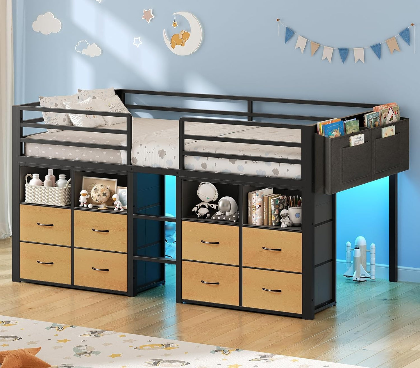 Low Loft Bed Twin Size with 8 Storage Drawers, Twin Loft Bed with Bookcase and LED Lights