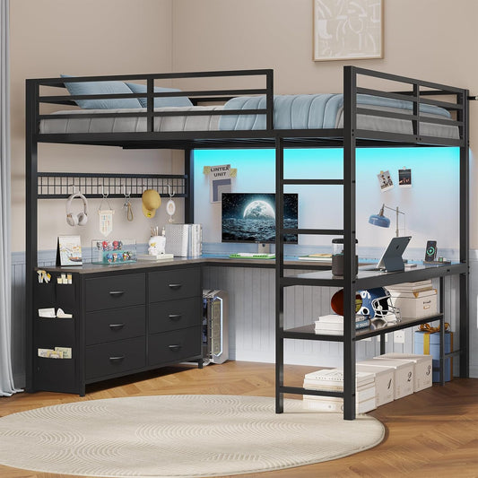 Loft Bed Full Size with U-Shaped Desk, 6 Storage Drawers, Power Outlet, LED Metal Loft Bed with 2 Storage Shelves