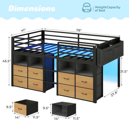 Low Loft Bed Twin Size with 8 Storage Drawers, Twin Loft Bed with Bookcase and LED Lights
