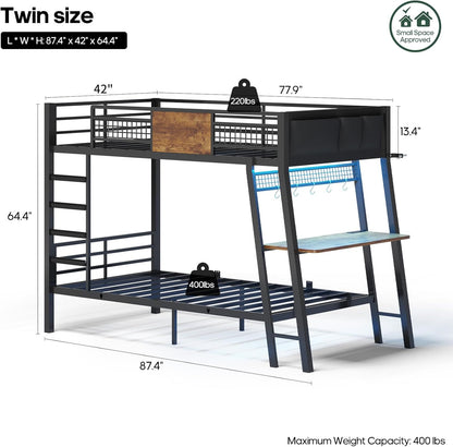 Bunk Bed for Small Space, Twin Over Twin Bunk Beds with Desk, Power Outlets, RGB LED Lights, Storage, Metal Beds with Safety Guardrail & Ladders