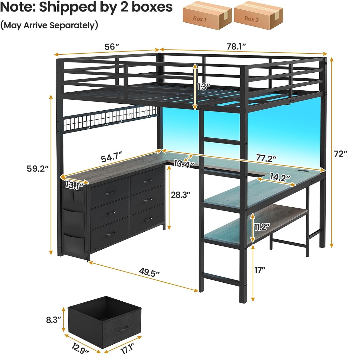 Loft Bed Full Size with U-Shaped Desk, 6 Storage Drawers, Power Outlet, LED Metal Loft Bed with 2 Storage Shelves