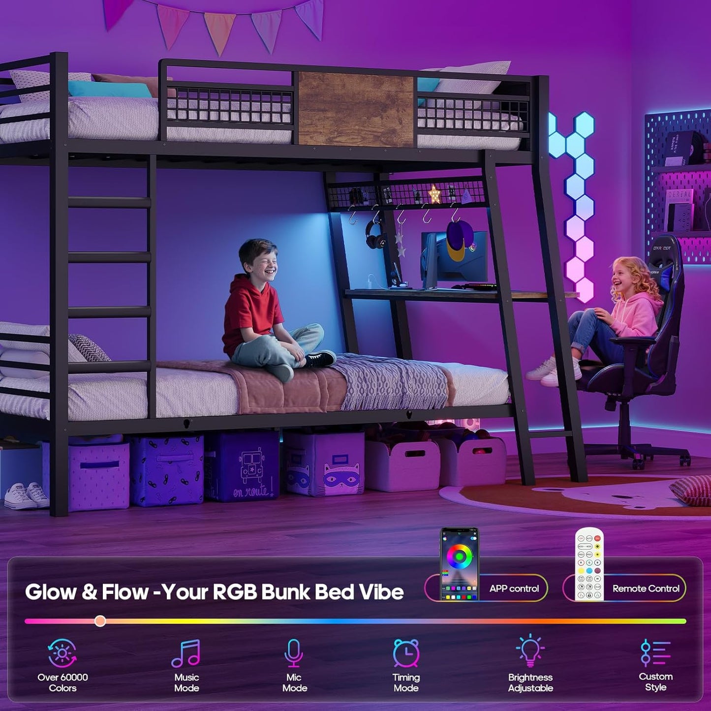 Bunk Bed for Small Space, Twin Over Twin Bunk Beds with Desk, Power Outlets, RGB LED Lights, Storage, Metal Beds with Safety Guardrail & Ladders