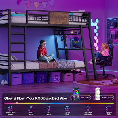 Bunk Bed for Small Space, Twin Over Twin Bunk Beds with Desk, Power Outlets, RGB LED Lights, Storage, Metal Beds with Safety Guardrail & Ladders