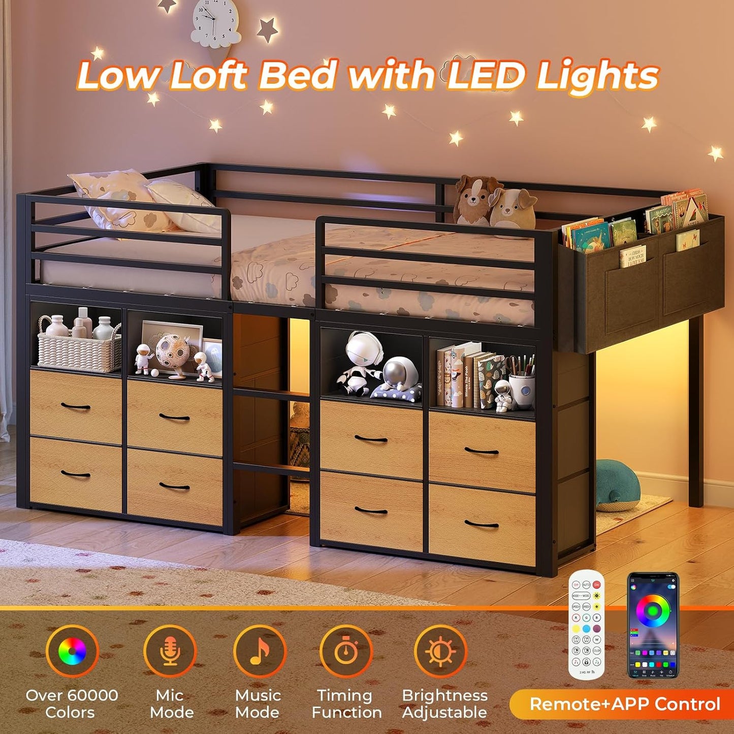 Low Loft Bed Twin Size with 8 Storage Drawers, Twin Loft Bed with Bookcase and LED Lights