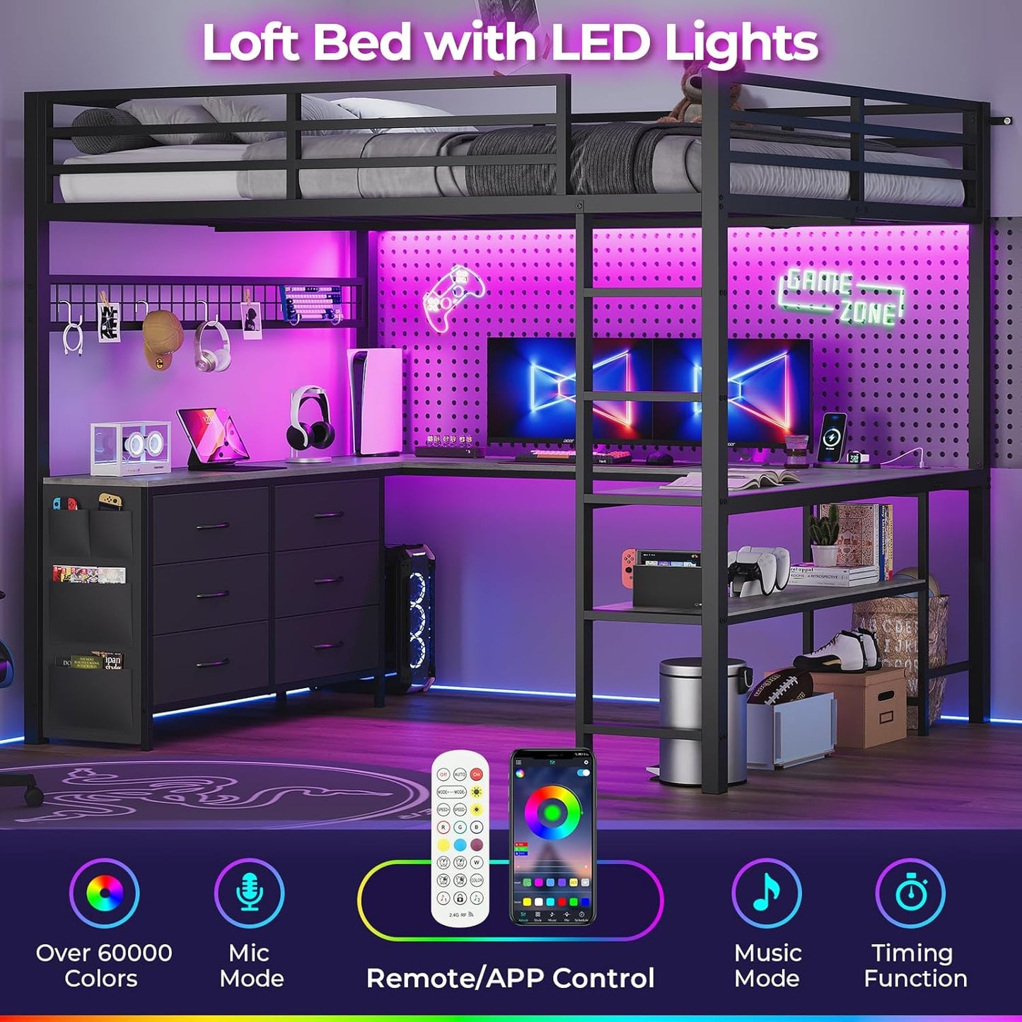 Loft Bed Full Size with U-Shaped Desk, 6 Storage Drawers, Power Outlet, LED Metal Loft Bed with 2 Storage Shelves