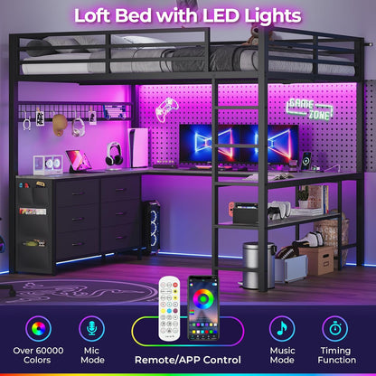 Loft Bed Full Size with U-Shaped Desk, 6 Storage Drawers, Power Outlet, LED Metal Loft Bed with 2 Storage Shelves
