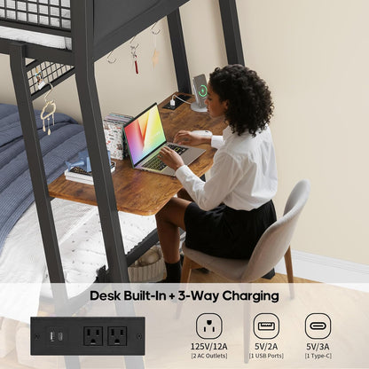 Bunk Bed for Small Space, Twin Over Twin Bunk Beds with Desk, Power Outlets, RGB LED Lights, Storage, Metal Beds with Safety Guardrail & Ladders