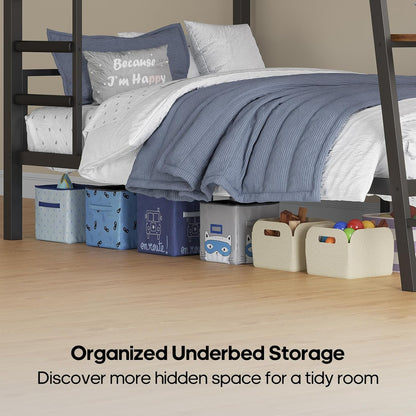 Bunk Bed for Small Space, Twin Over Twin Bunk Beds with Desk, Power Outlets, RGB LED Lights, Storage, Metal Beds with Safety Guardrail & Ladders