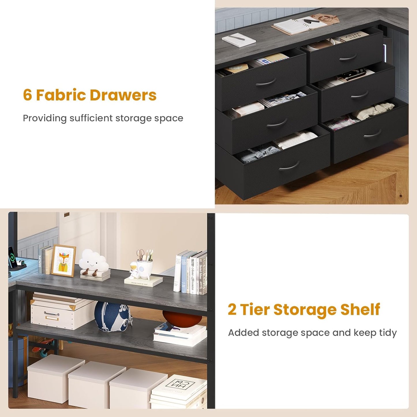 Loft Bed Full Size with U-Shaped Desk, 6 Storage Drawers, Power Outlet, LED Metal Loft Bed with 2 Storage Shelves