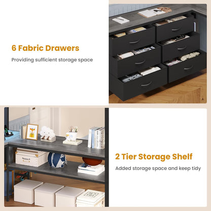 Loft Bed Full Size with U-Shaped Desk, 6 Storage Drawers, Power Outlet, LED Metal Loft Bed with 2 Storage Shelves